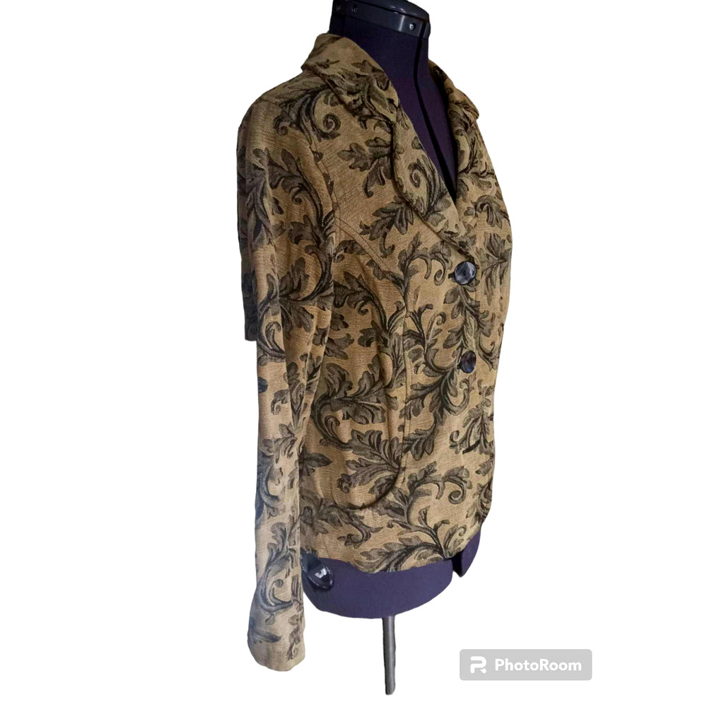 Click Woman's Leaf Pattern Tan/Green Tapestry Jac… - image 2